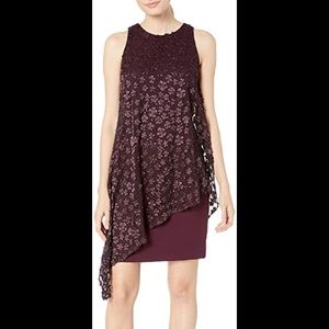 Tahari Crepe Shift w/ Embroidered Chiffon Overlay